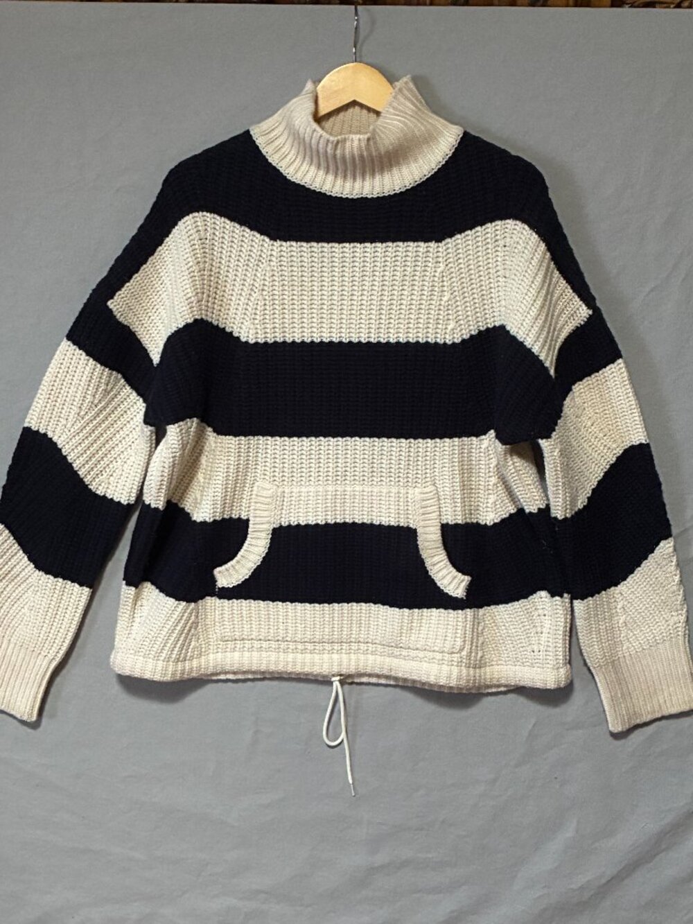 J. Crew Women's Heavy Turtleneck Sweater Pockets Ivory Navy Striped *XL* Preppy